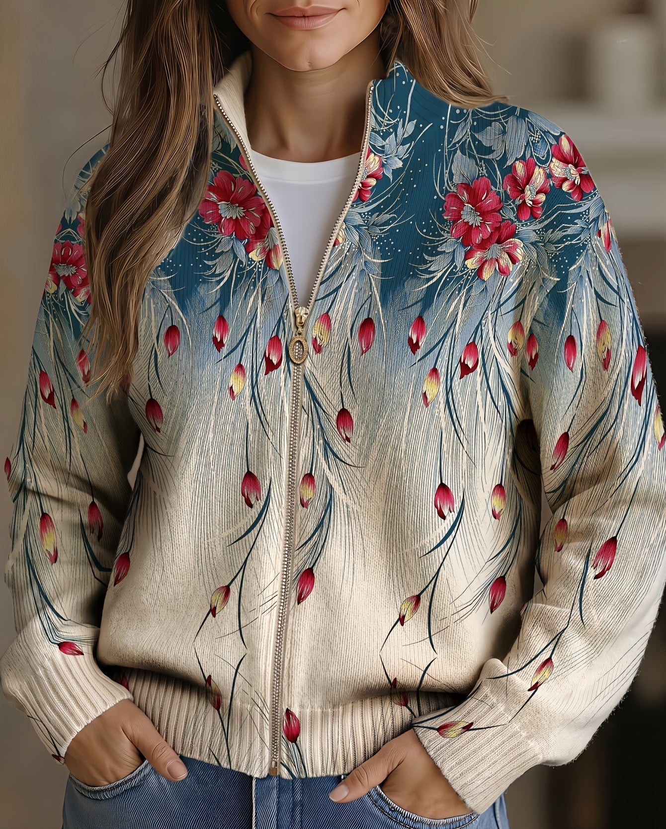 Annelies | Vest met rits, bloemen en kleurverloop