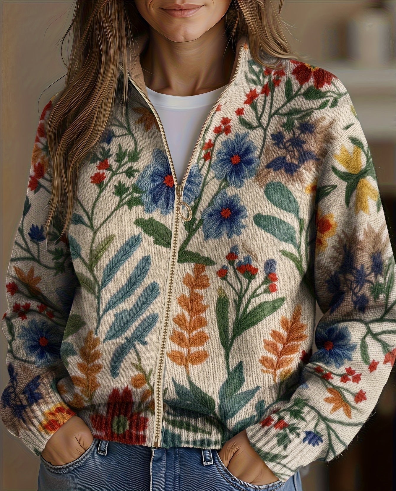 Dieuwke | Vest met rits en botanische bloemenprint