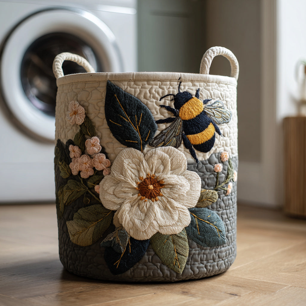 Gewatteerde wasmand – Bij op witte bloem