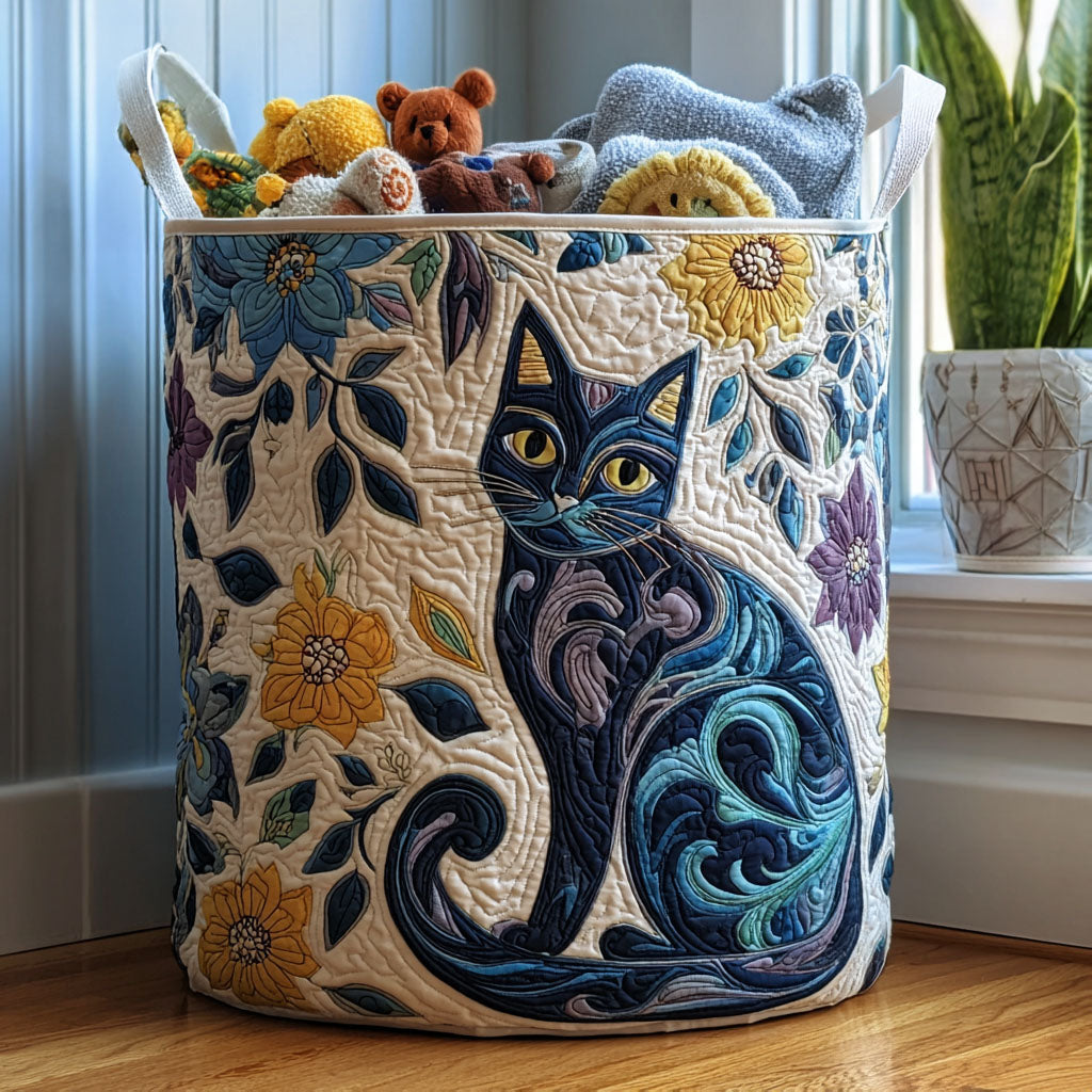 Gewatteerde wasmand – Blauwe kat tussen bloemen