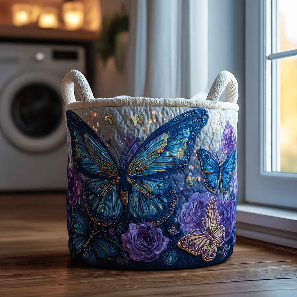 Gewatteerde wasmand – Blauwe vlinders met rozen