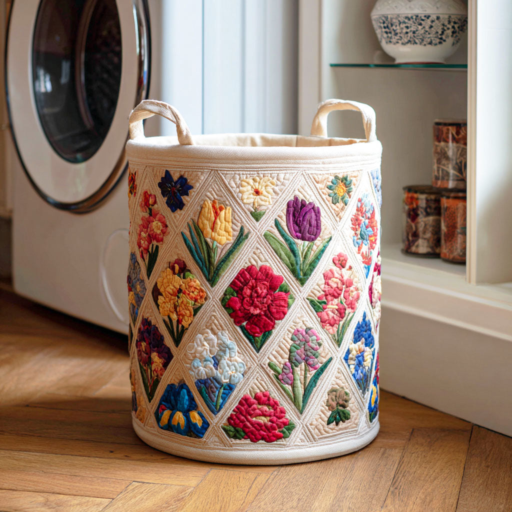 Gewatteerde wasmand – Bloemenruit in crème