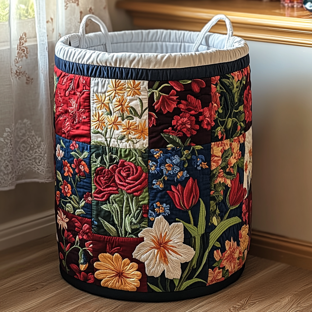 Gewatteerde wasmand – Bloementuin op donkere achtergrond