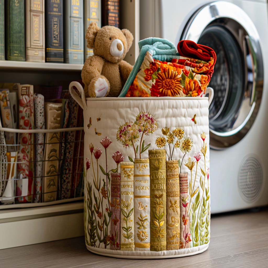 Gewatteerde wasmand – Boeken en droogbloemen