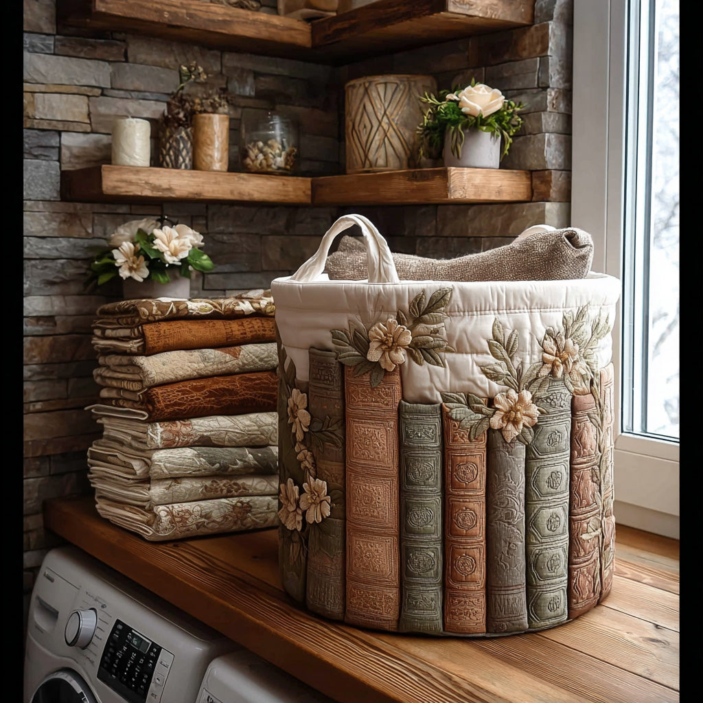 Gewatteerde wasmand – Boeken met bloemen in beige