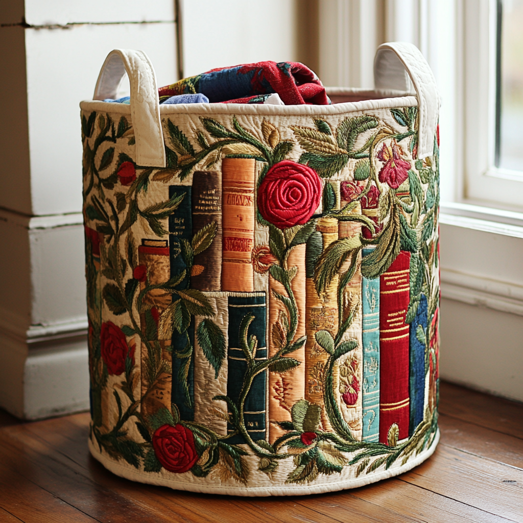 Gewatteerde wasmand – Boeken met rozen