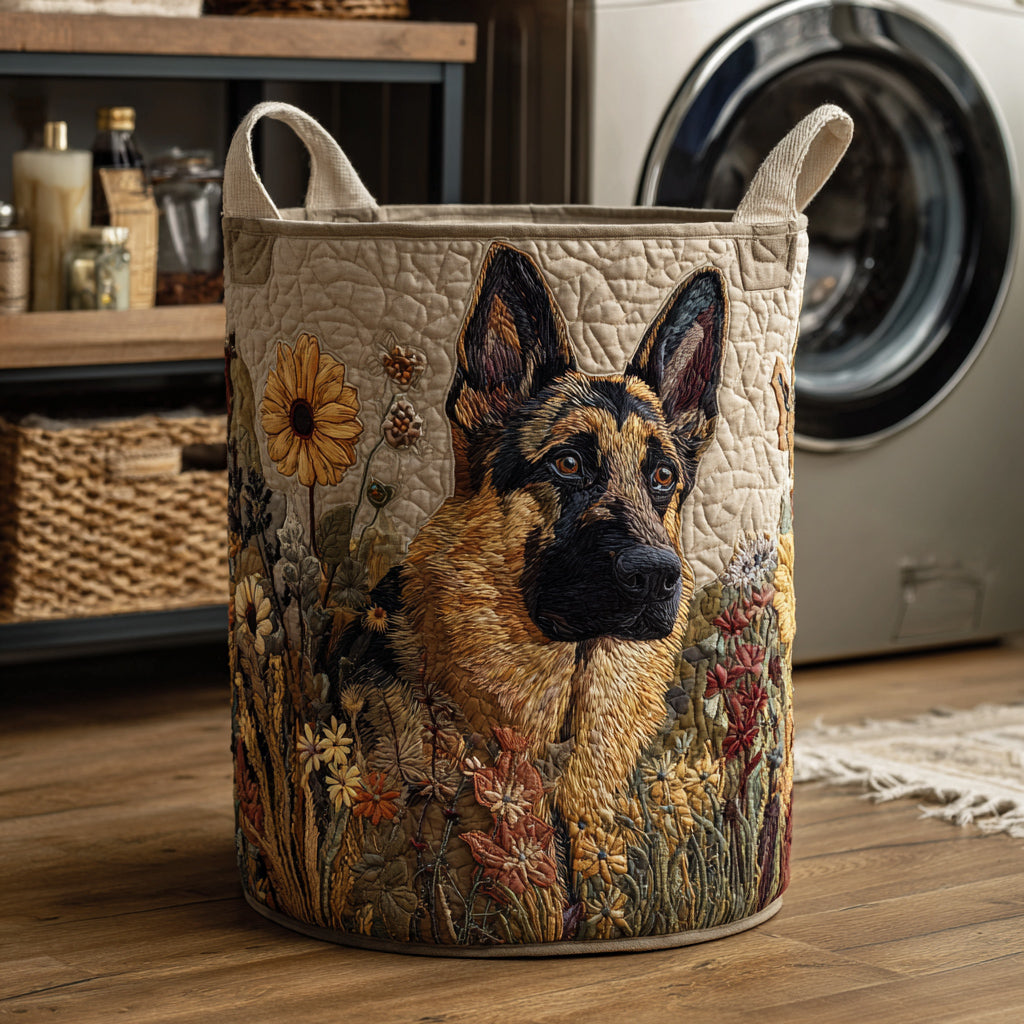Gewatteerde wasmand – Duitse herder met zonnebloemen