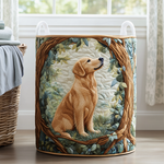 Gewatteerde wasmand – Golden retriever in de tuin
