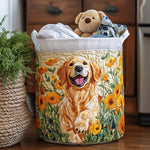 Gewatteerde wasmand – Golden retriever met zonnebloemen