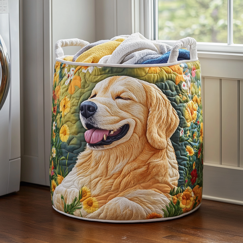 Gewatteerde wasmand – Golden retriever tussen bloemen
