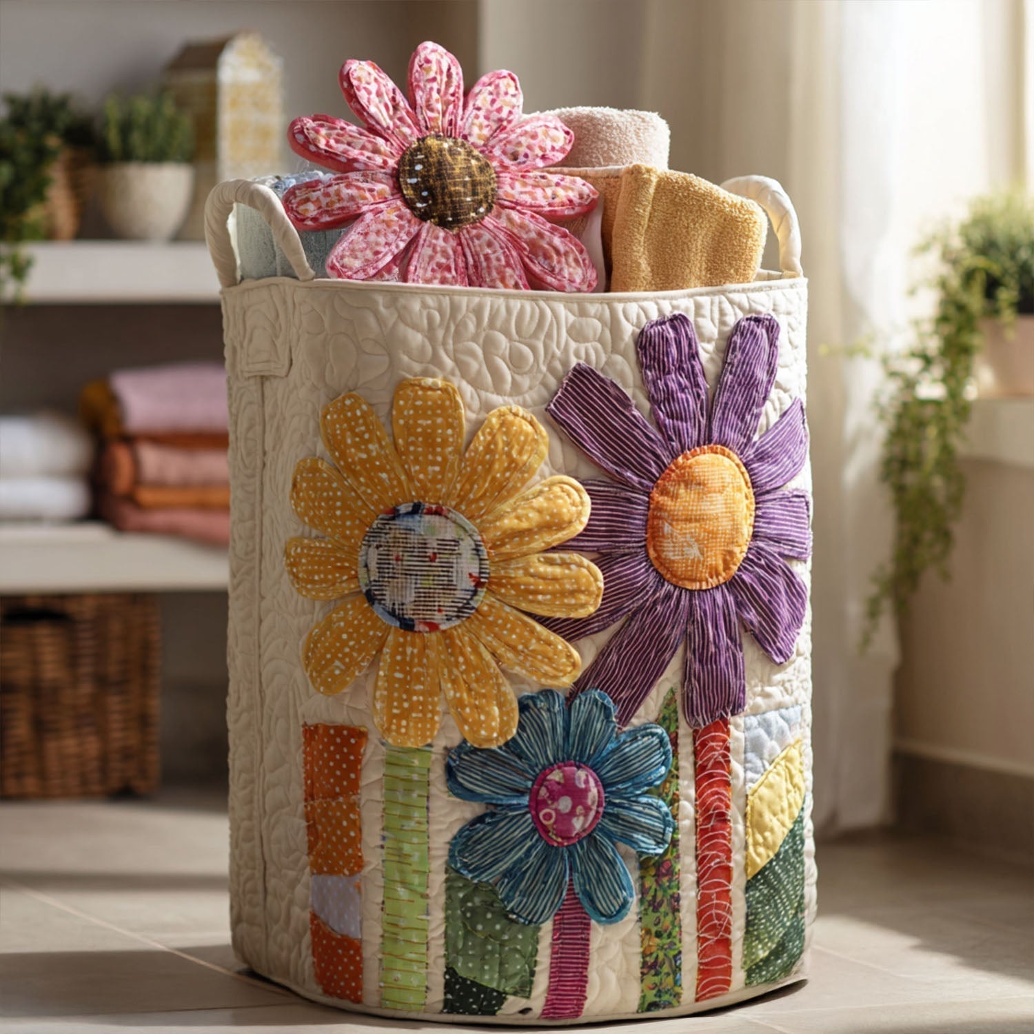 Gewatteerde wasmand – Grote bloemen in appliqué
