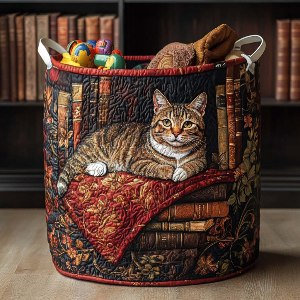 Gewatteerde wasmand – Kat op boeken met rode deken