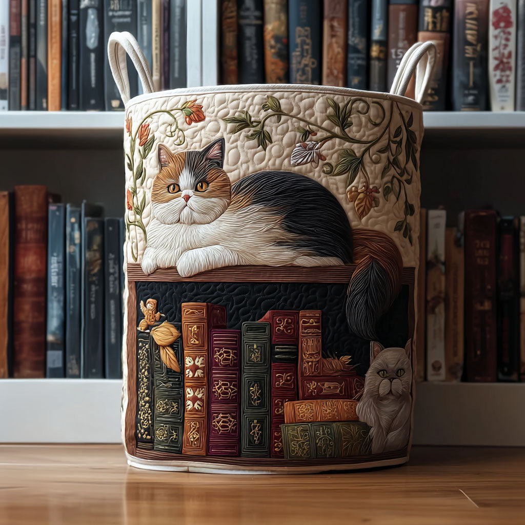 Gewatteerde wasmand – Kat op de boekenplank