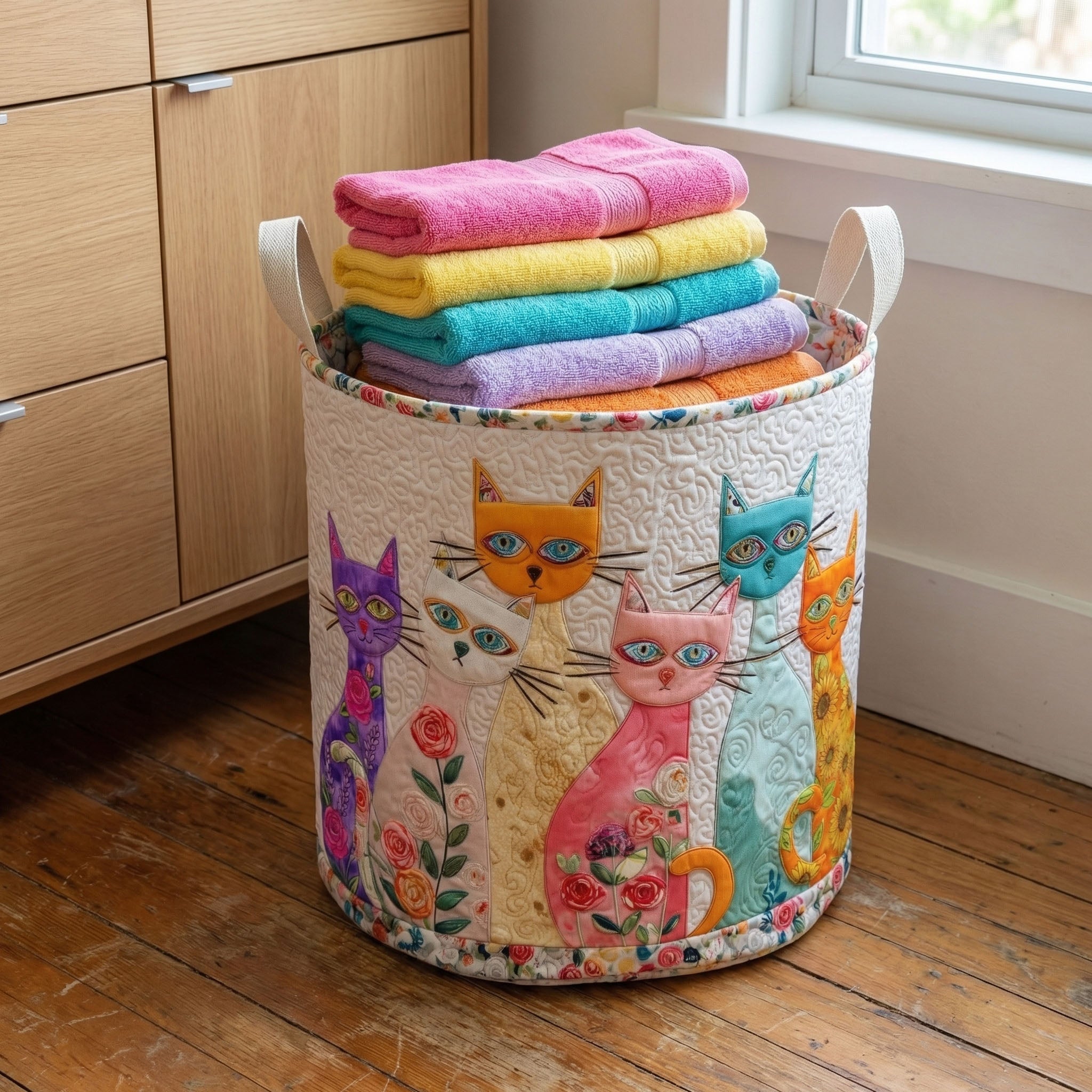 Gewatteerde wasmand – Katten op crème