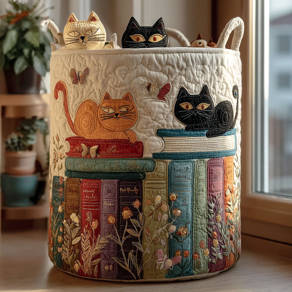 Gewatteerde wasmand – Katten op de boekenplank