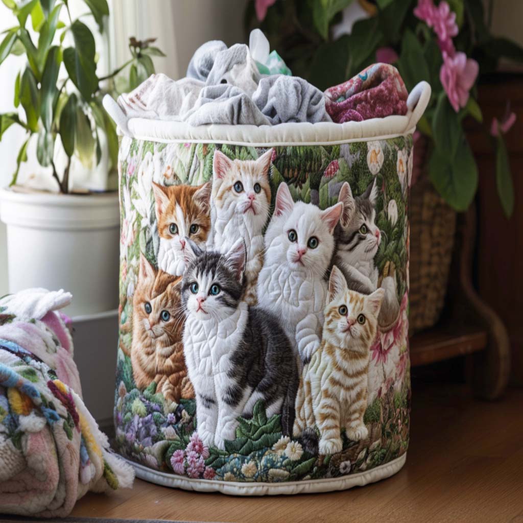 Gewatteerde wasmand – Kittens met bloemen