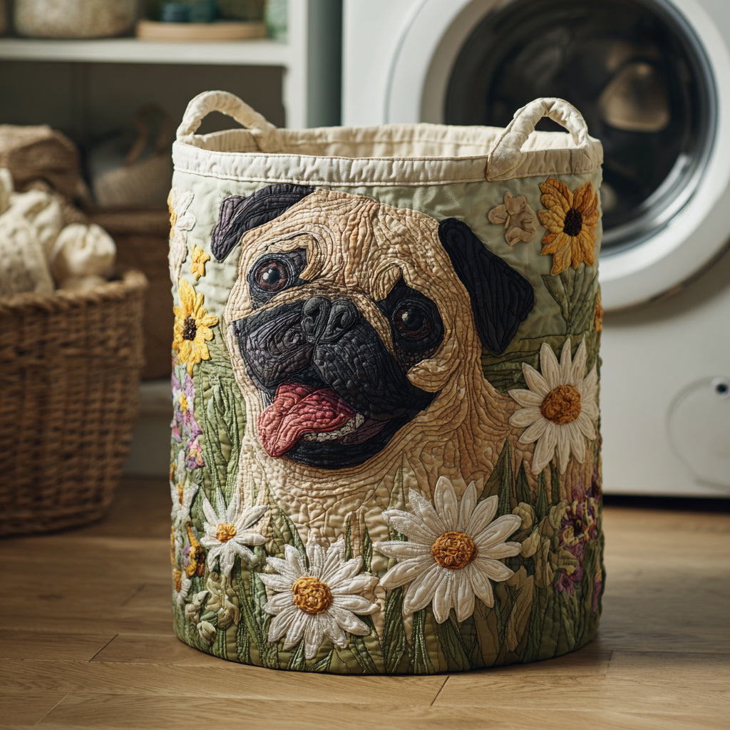 Gewatteerde wasmand – Mopshond met madeliefjes
