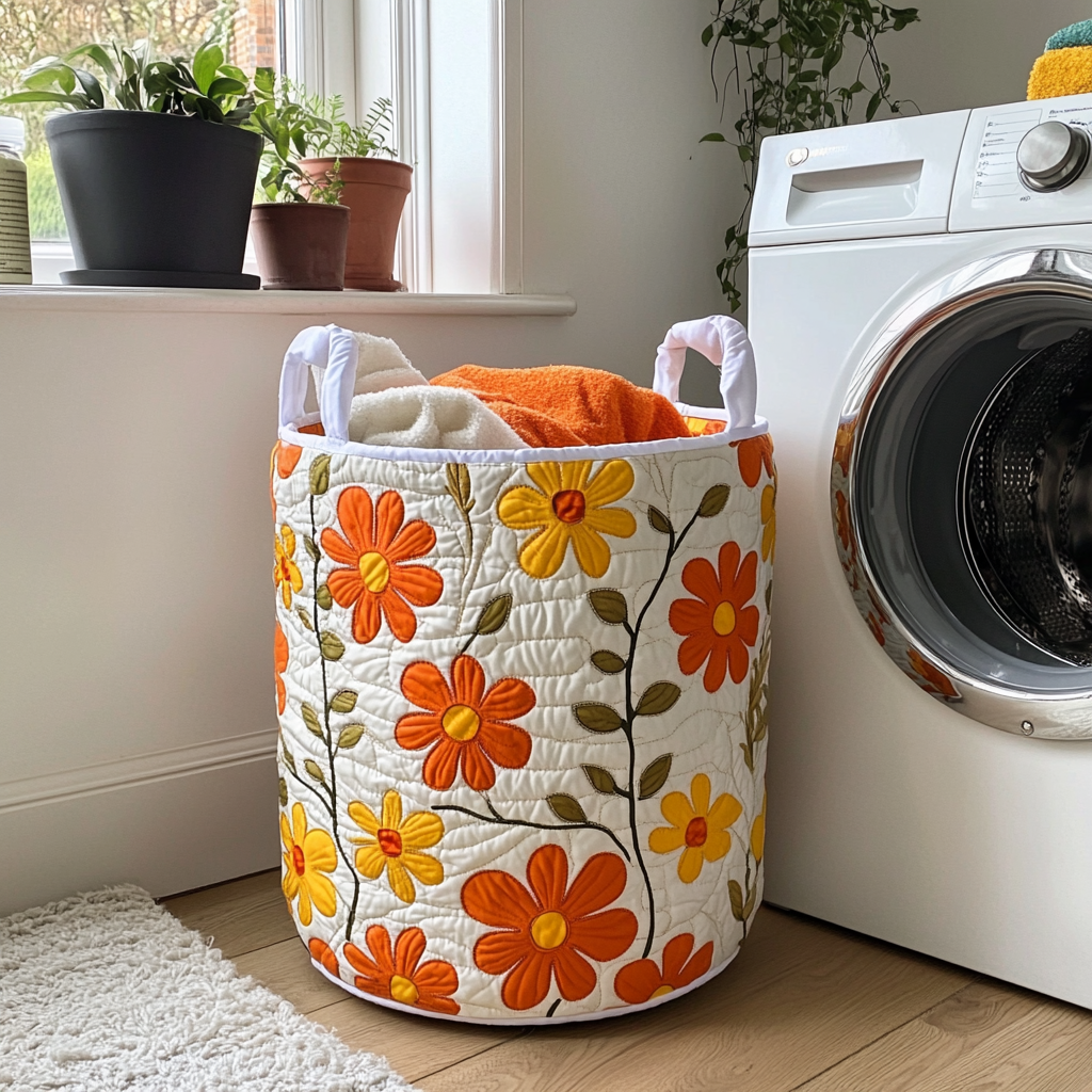 Gewatteerde wasmand – Oranje retrobloemen