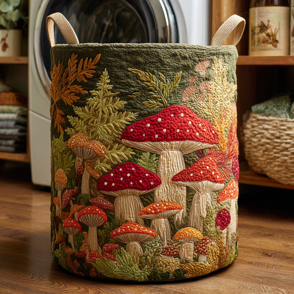 Gewatteerde wasmand – Paddenstoelen tussen varens