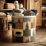 Gewatteerde wasmand – Patchwork met beer en dennen