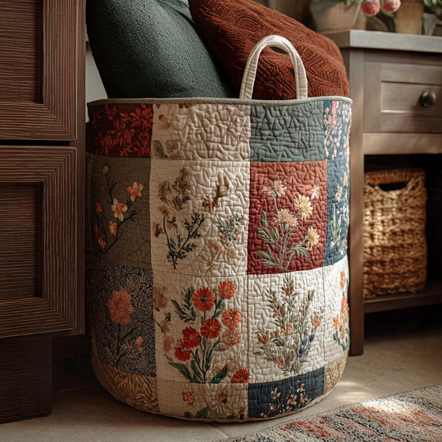 Gewatteerde wasmand – Patchwork met roosjes