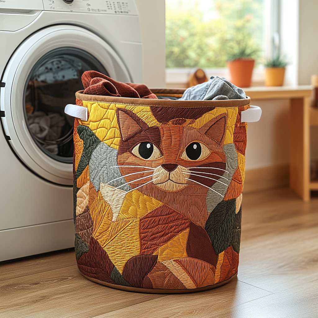 Gewatteerde wasmand – Rode kat in patchwork