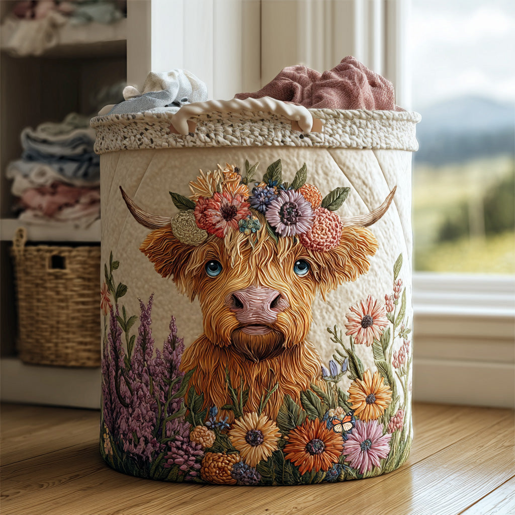 Gewatteerde wasmand – Schotse hooglander met bloemenkrans