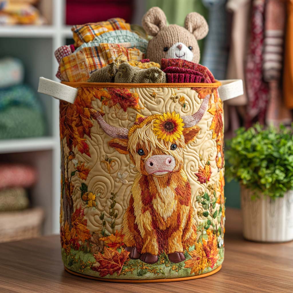 Gewatteerde wasmand – Schotse hooglander met herfstbloemen