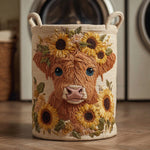 Gewatteerde wasmand – Schotse hooglander met zonnebloemen