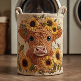 Gewatteerde wasmand – Schotse hooglander met zonnebloemen