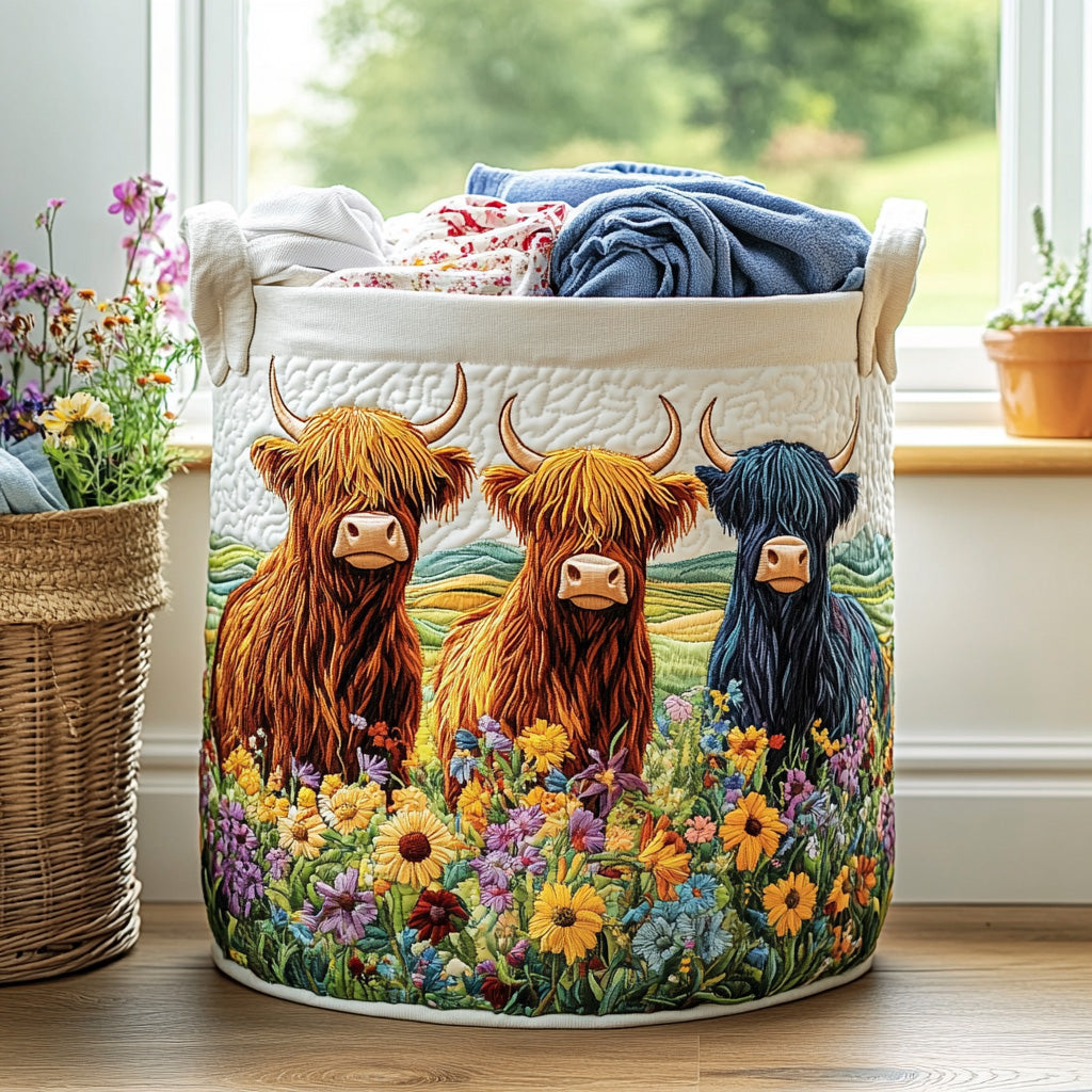 Gewatteerde wasmand – Schotse hooglanders in de wei