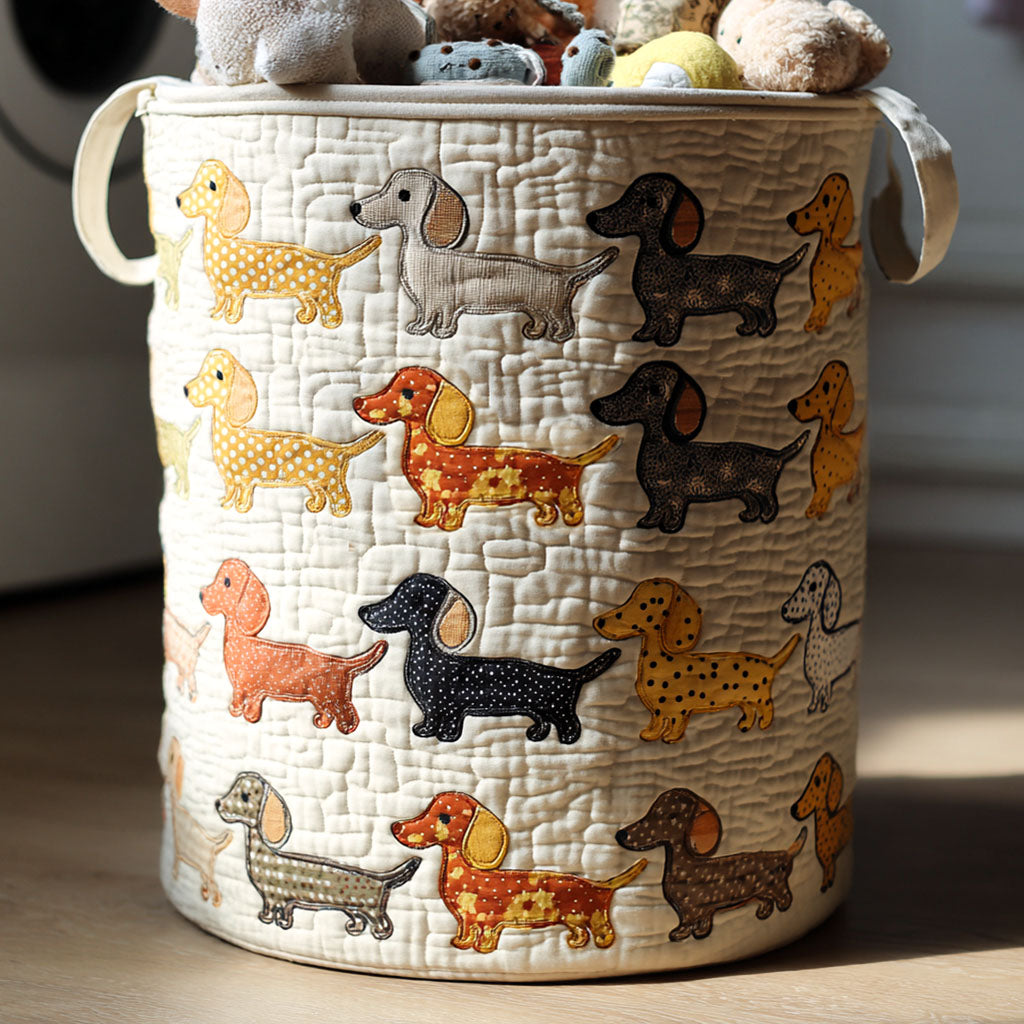 Gewatteerde wasmand – Teckels in patchwork