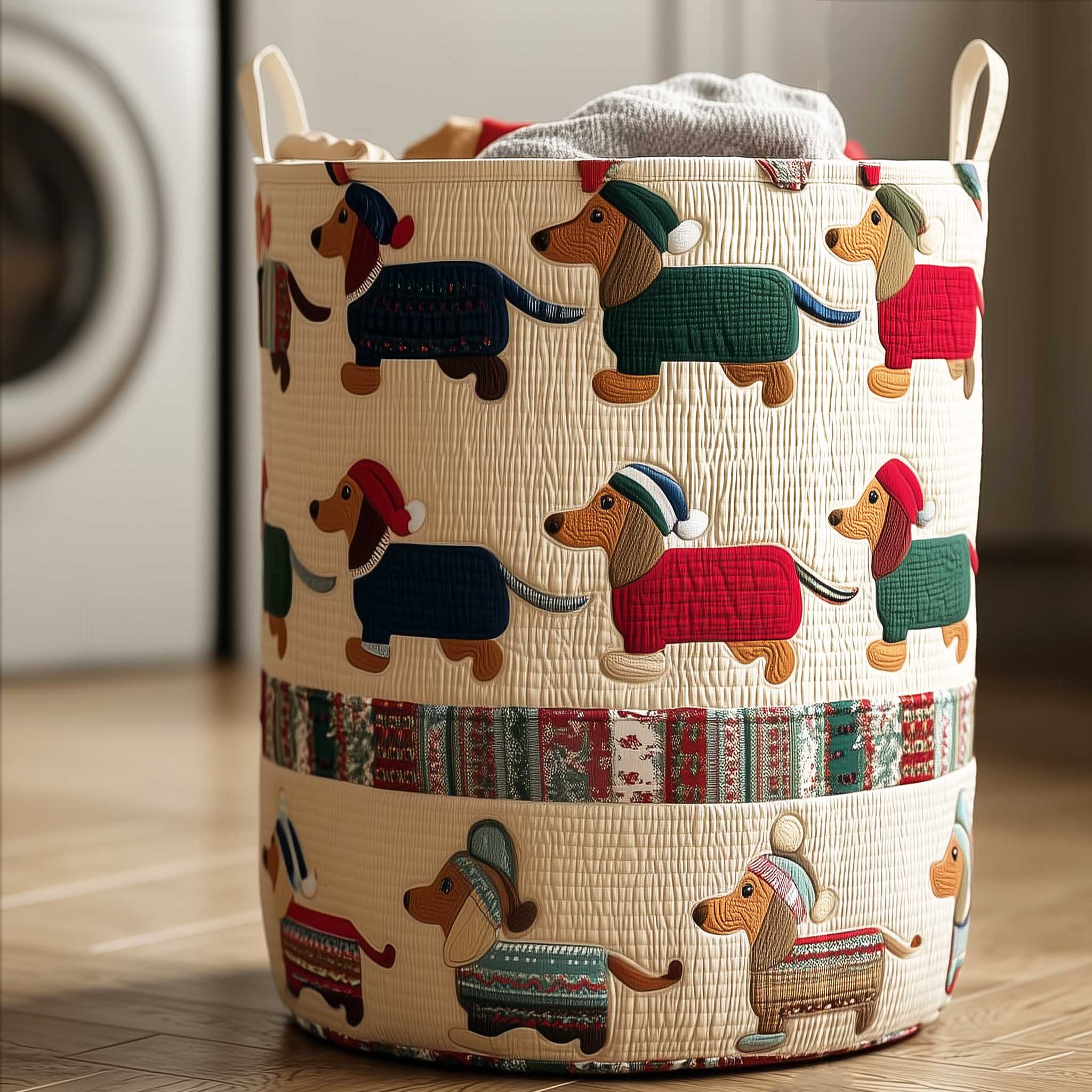 Gewatteerde wasmand – Teckels met truitjes