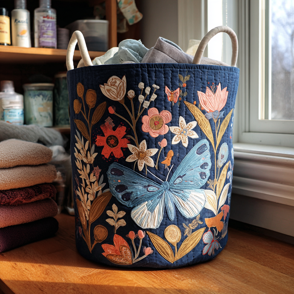 Gewatteerde wasmand – Vlinder met bloemen op donkerblauw