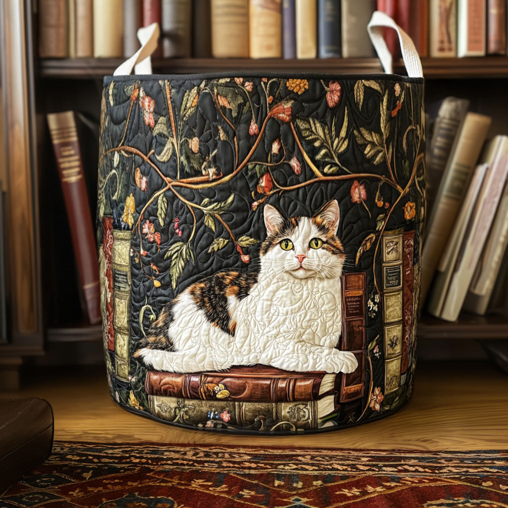 Gewatteerde wasmand – Witte kat op de boekenplank