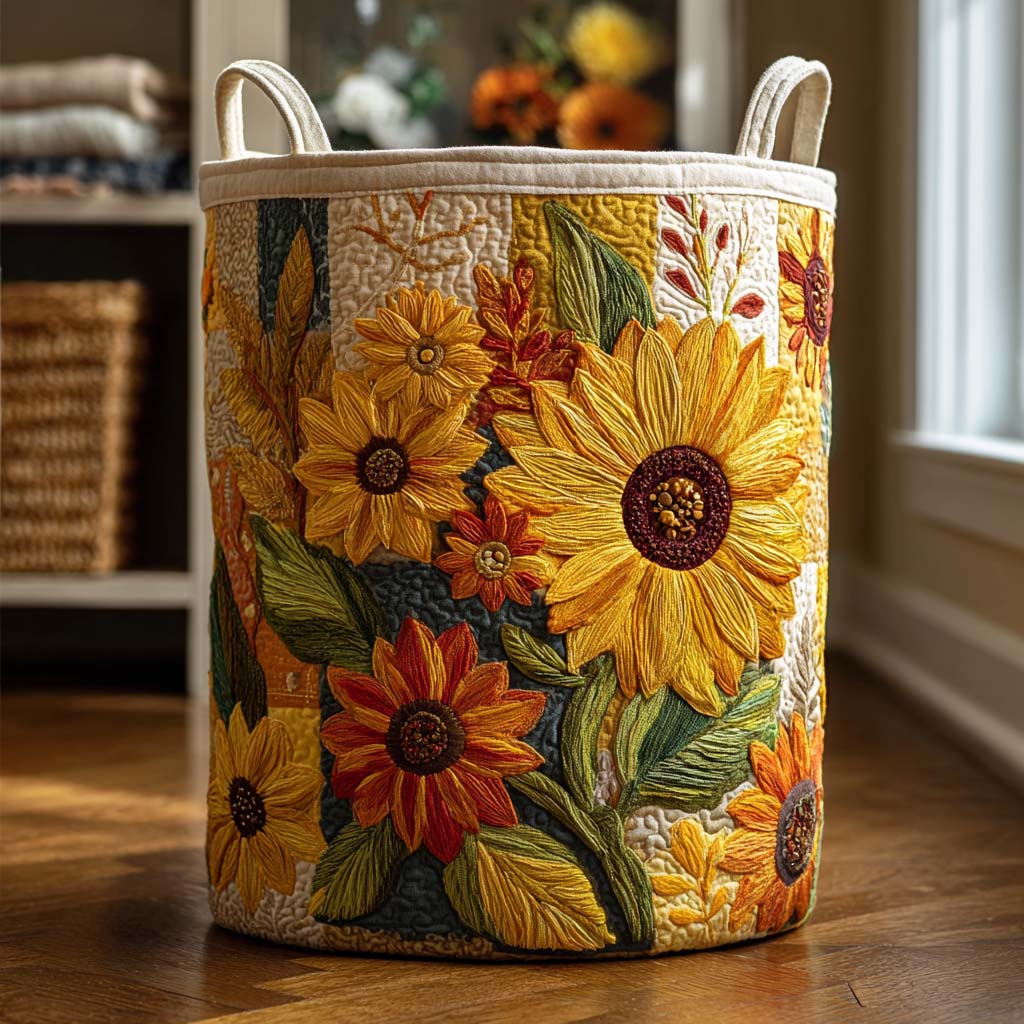 Gewatteerde wasmand – Zonnebloemen in close-up