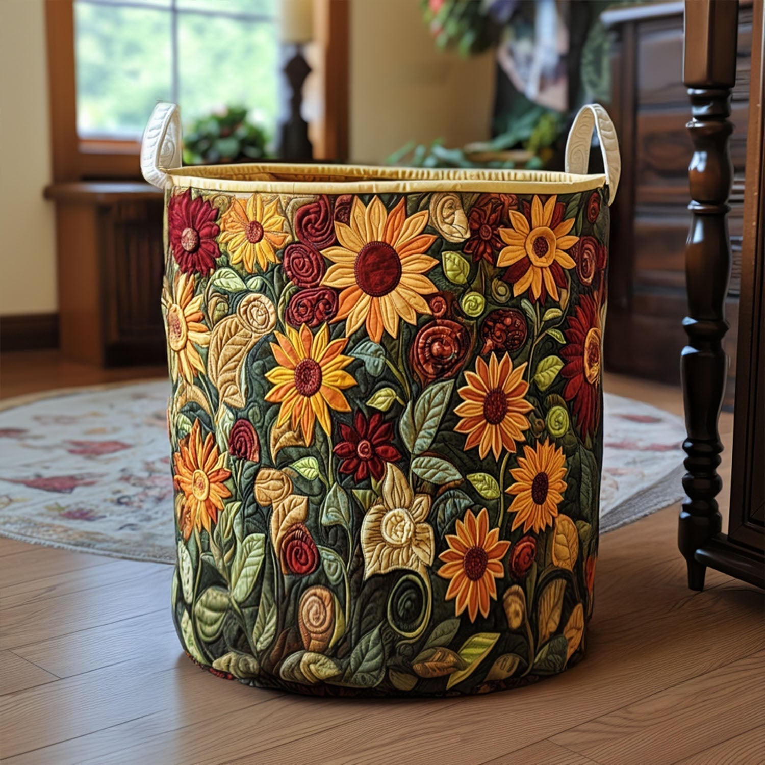 Gewatteerde wasmand – Zonnebloemen in retrostijl