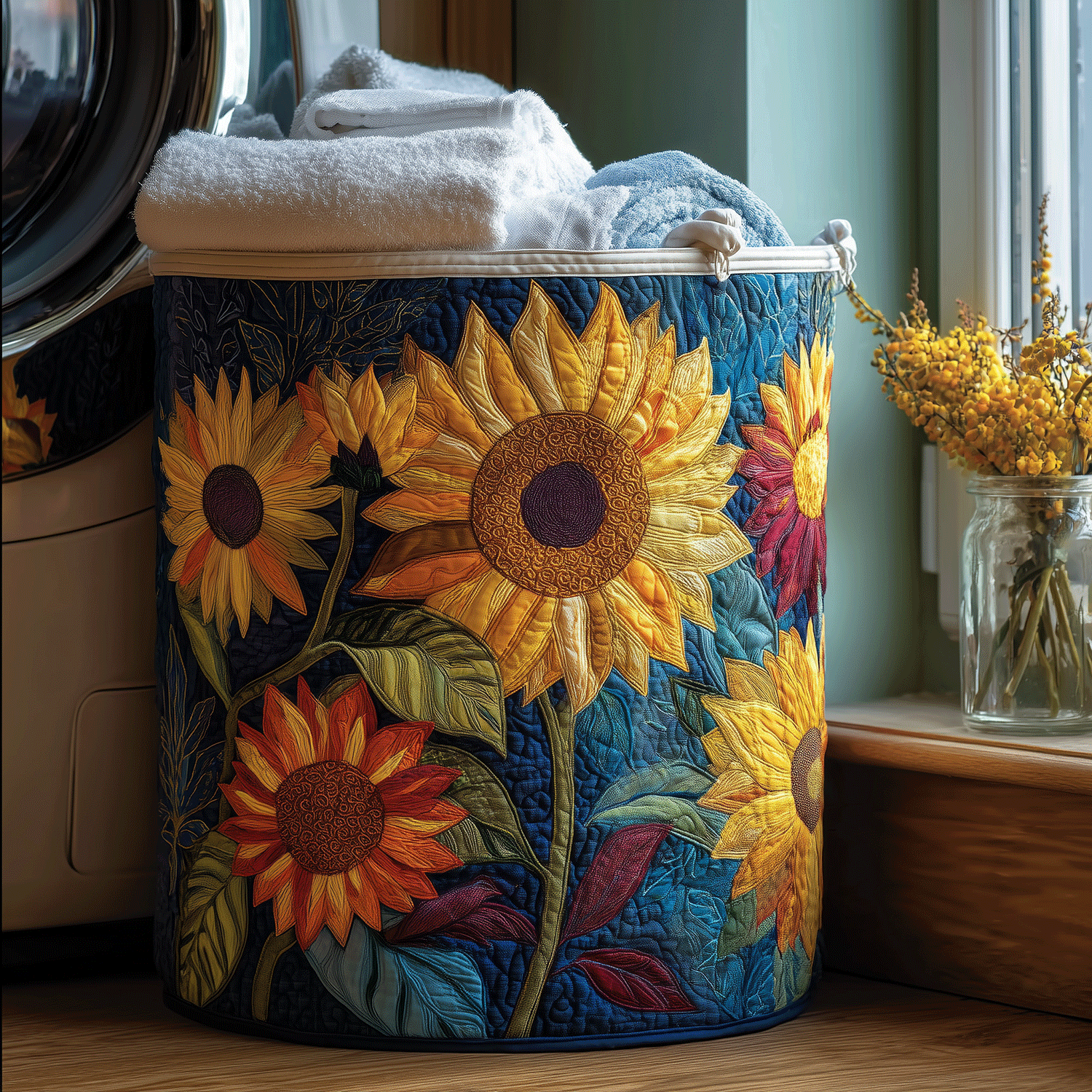Gewatteerde wasmand – Zonnebloemen op donkerblauw