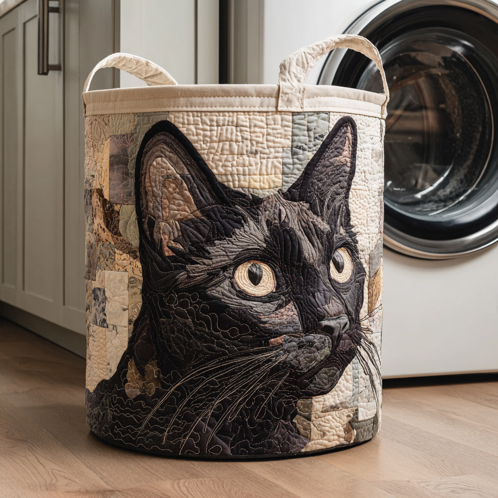 Gewatteerde wasmand – Zwarte kat in close-up