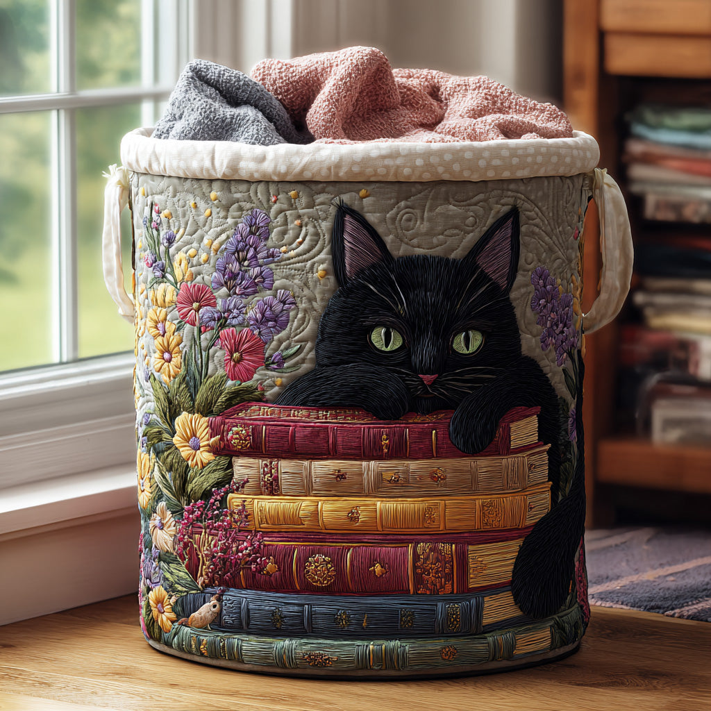 Gewatteerde wasmand – Zwarte kat met boeken en bloemen
