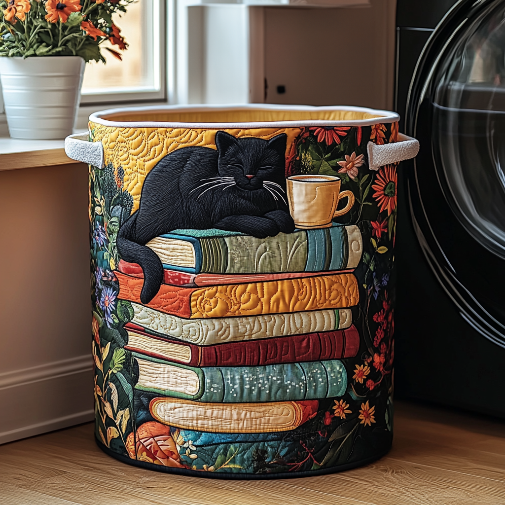 Gewatteerde wasmand – Zwarte kat met een kopje thee