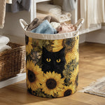 Gewatteerde wasmand – Zwarte kat met zonnebloemen