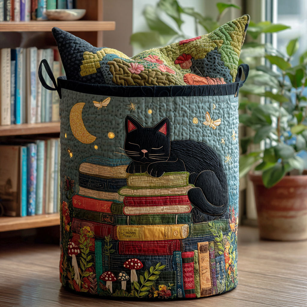 Gewatteerde wasmand – Zwarte kat op boeken bij maanlicht