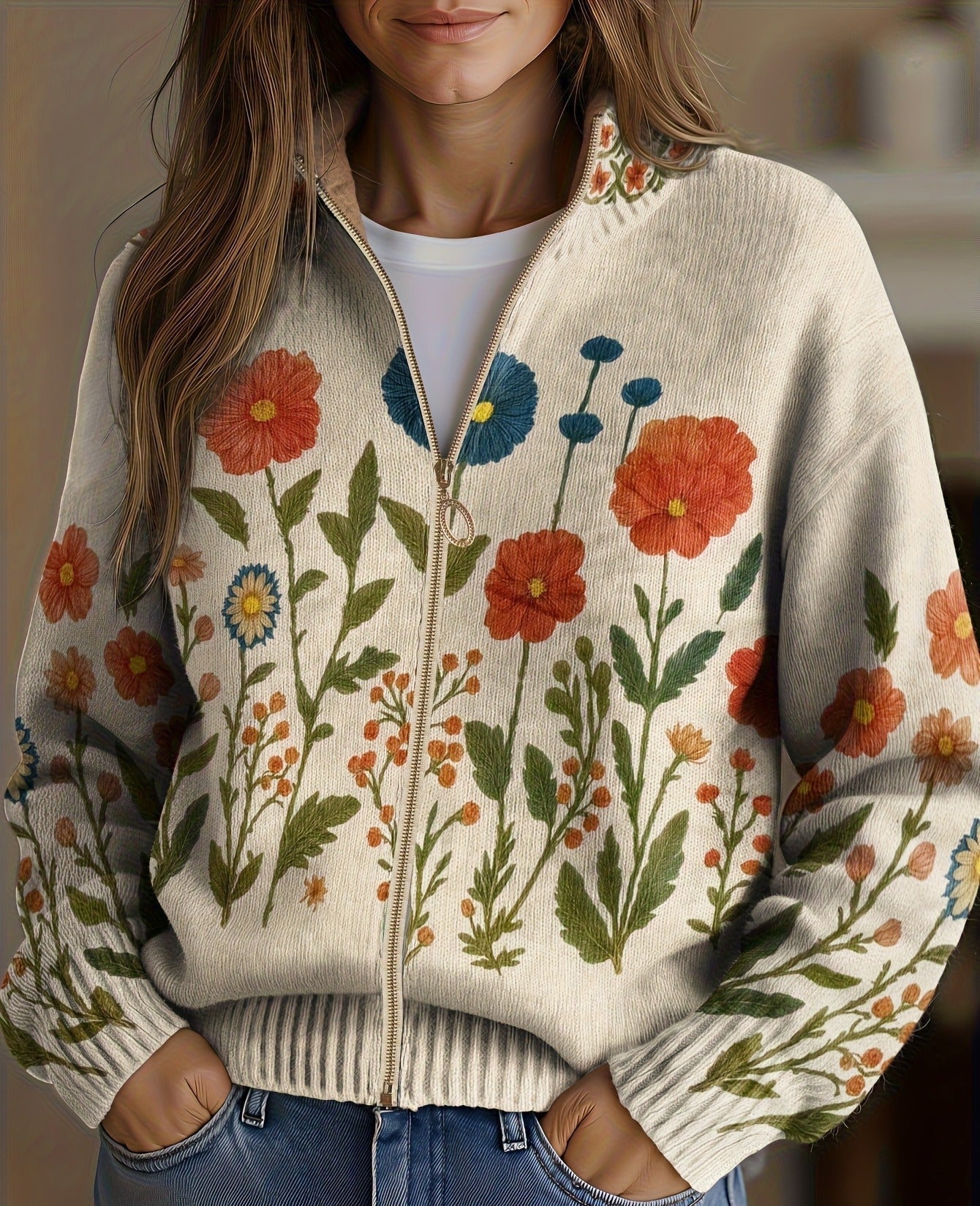 Ineke | Vest met rits en veldbloemenprint