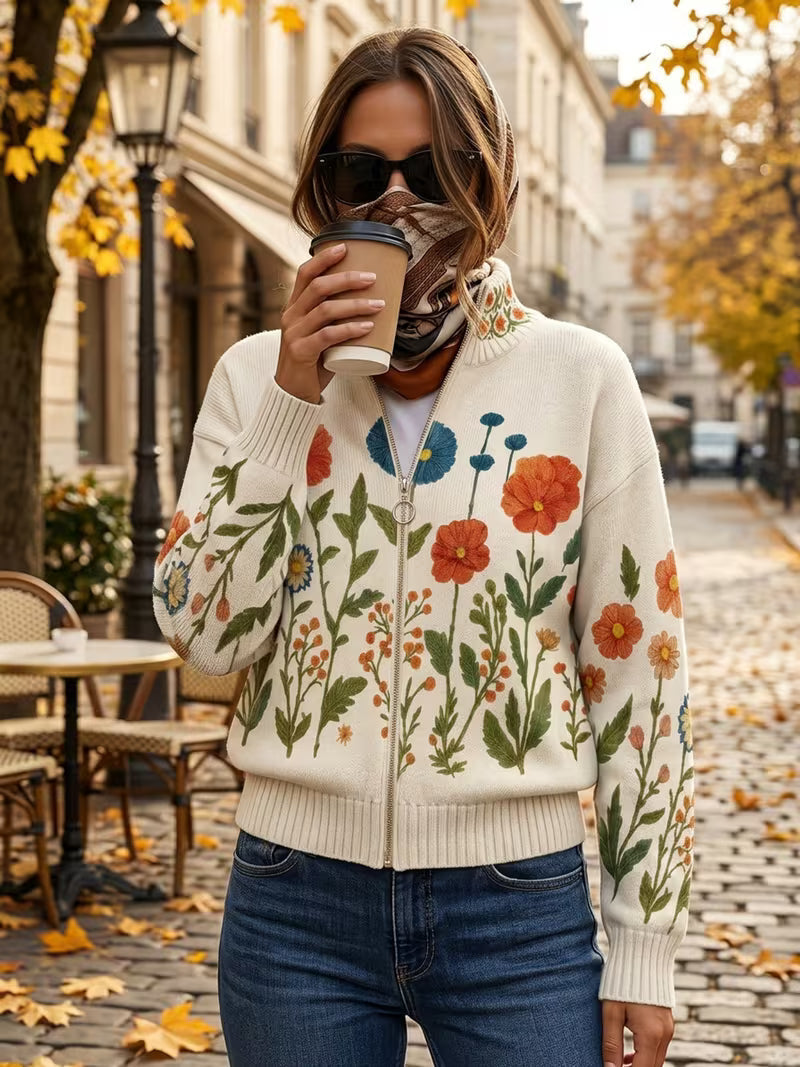Ineke | Vest met rits en veldbloemenprint