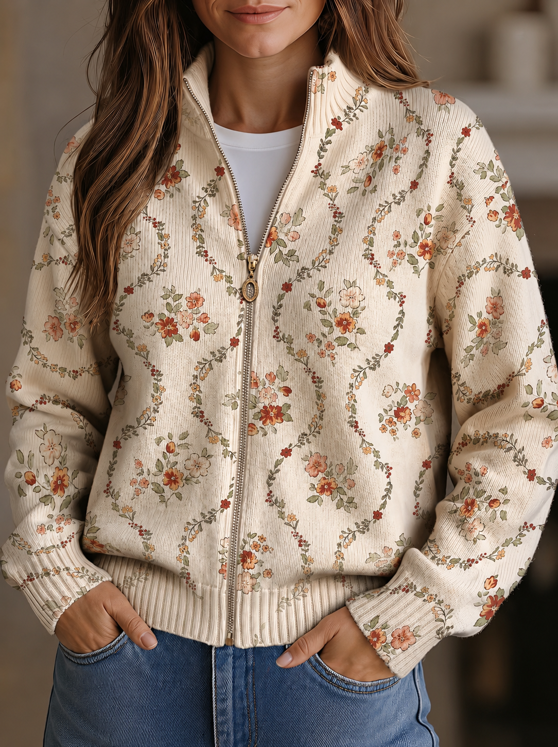 Liesbeth | Crèmekleurig vest met rits en bloemenranken
