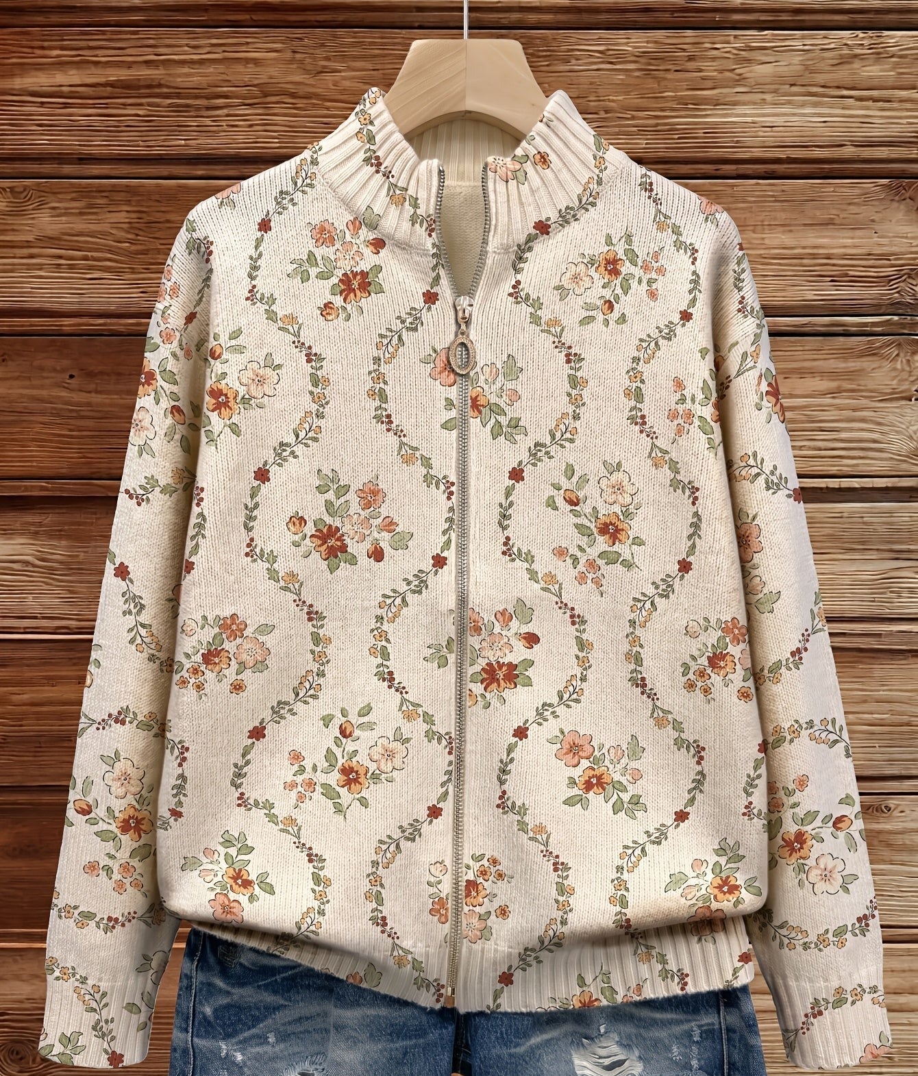 Liesbeth | Crèmekleurig vest met rits en bloemenranken