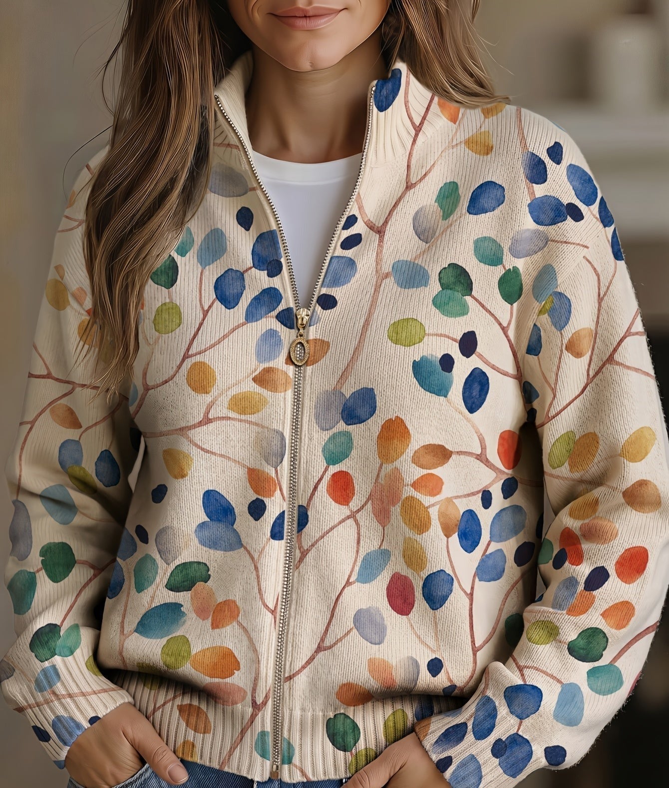 Mieke | Vest met rits en bladerprint
