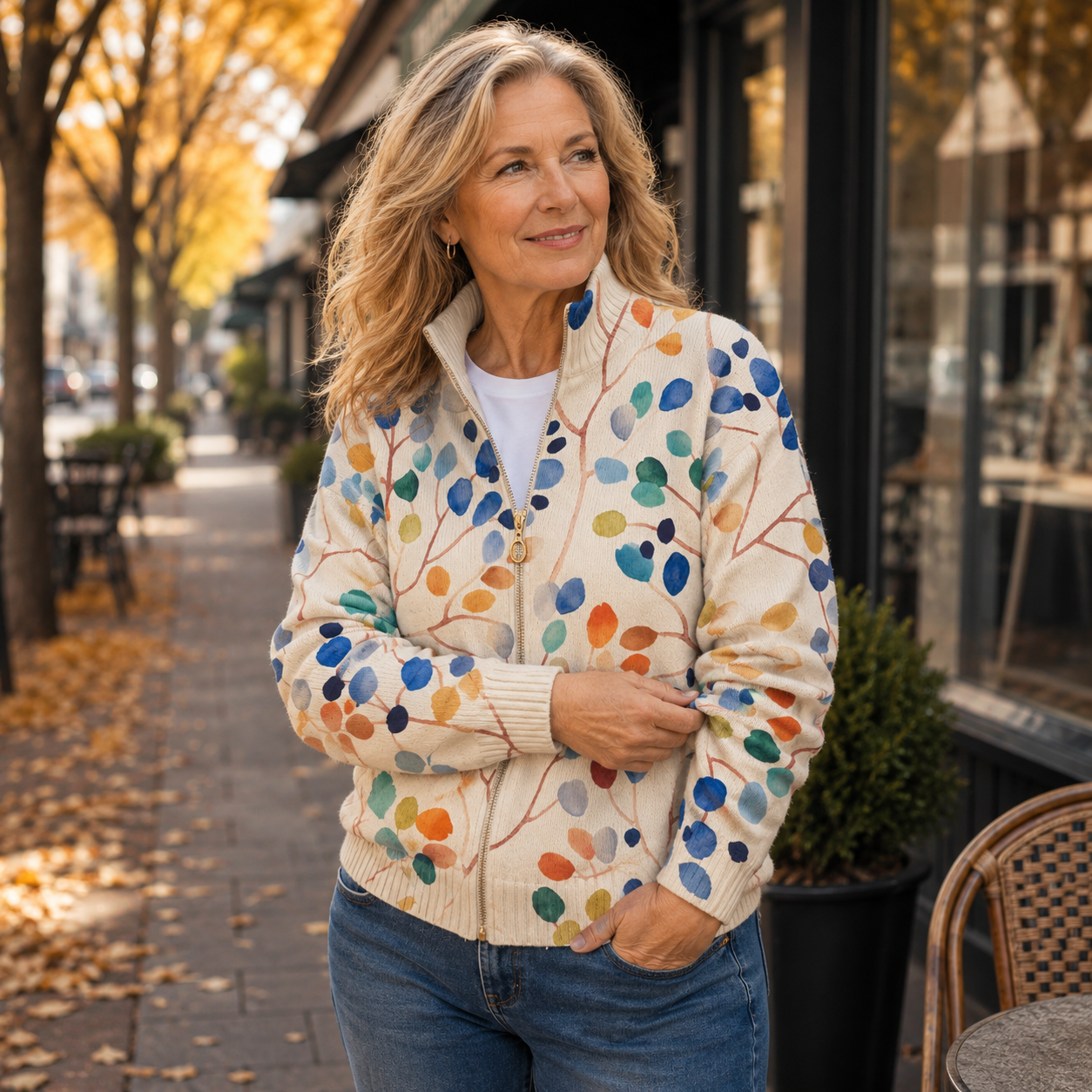 Mieke | Vest met rits en bladerprint