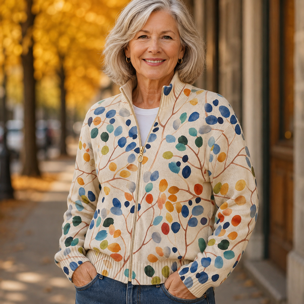 Mieke | Vest met rits en bladerprint